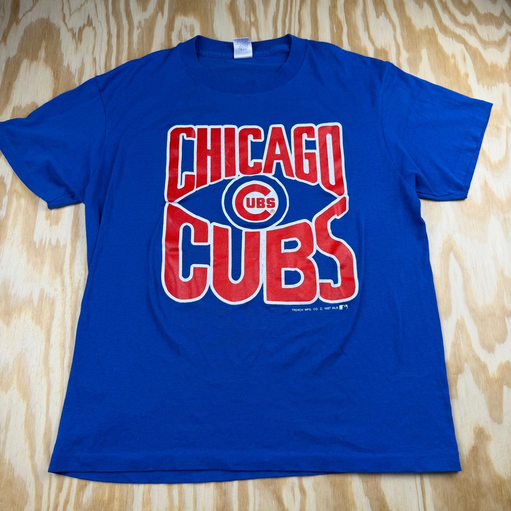 Vintage 1987 Chicago Cubs T Shirt Trench Mfg Blue Single Stitch Kids L Adult S